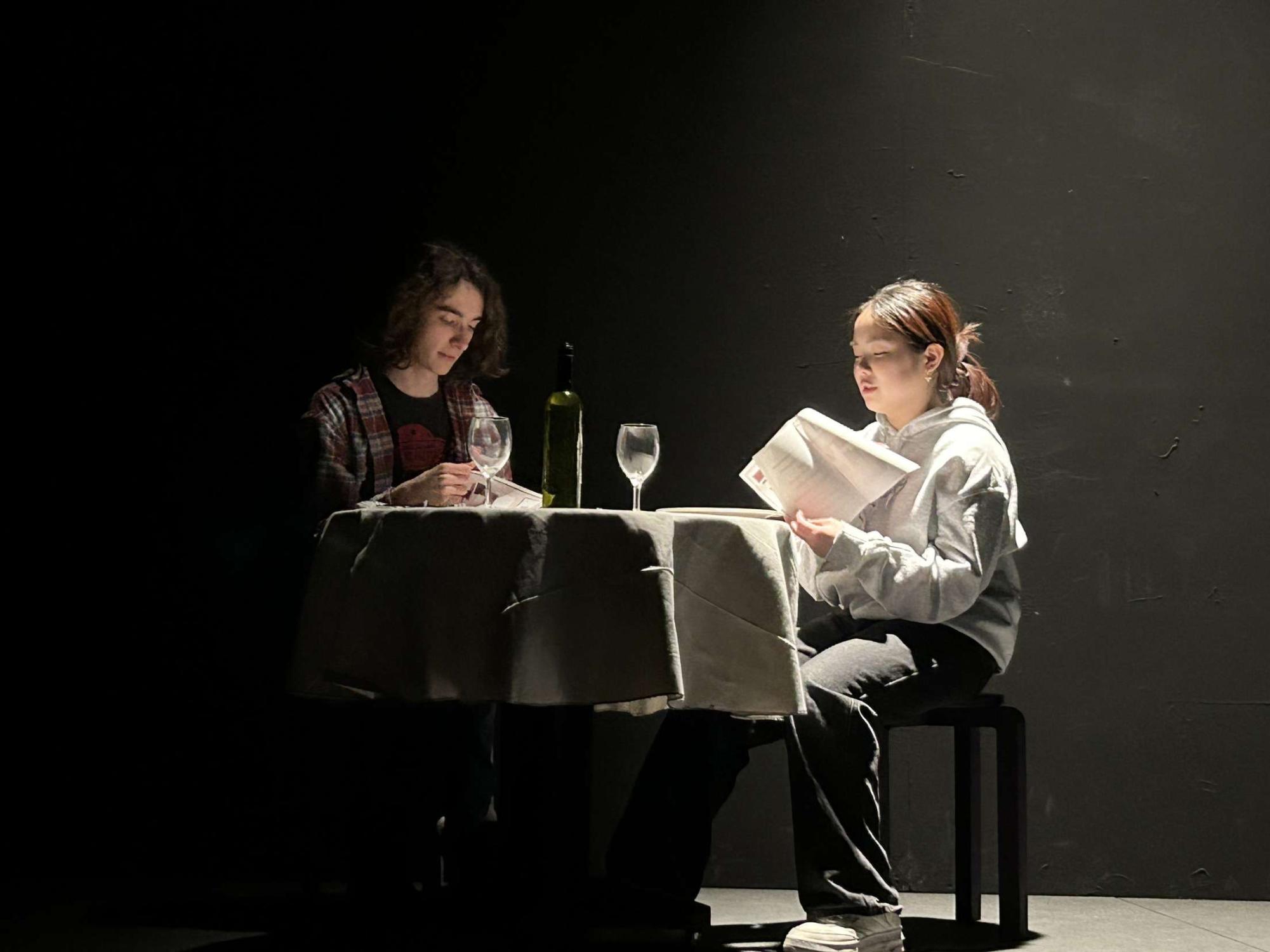 Juniors Sam ONeill (left) and Sopheen Lee (right) rehearsing in the Black Box Theater